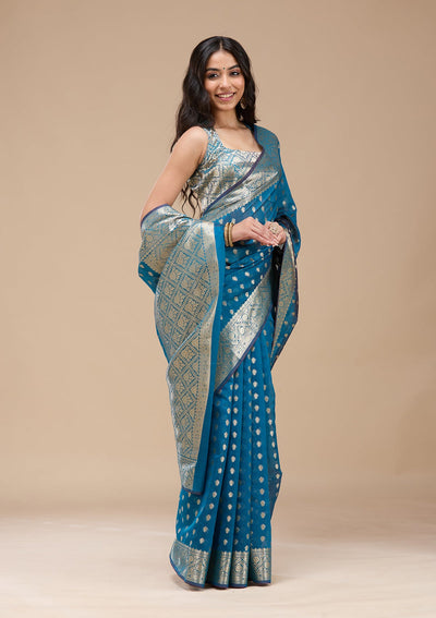 Navy Blue Zariwork (Gold) Banarasi Silk Saree-koskii