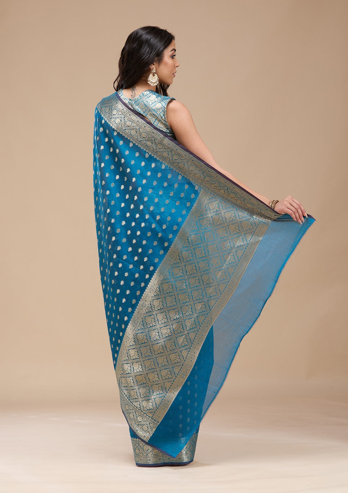 Navy Blue Zariwork (Gold) Banarasi Silk Saree-koskii