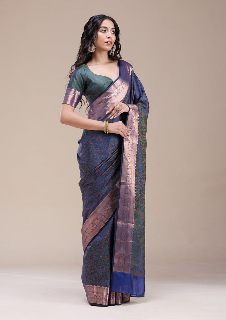 Peacock Blue  Zariwork (Gold) Banarasi Silk Saree-koskii