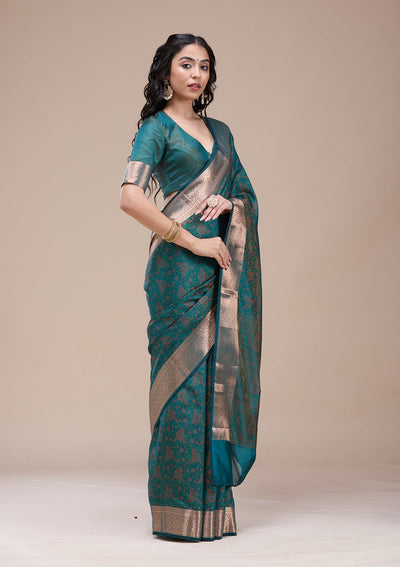 Bottle Green Zariwork (Gold) Banarasi Silk Saree-koskii
