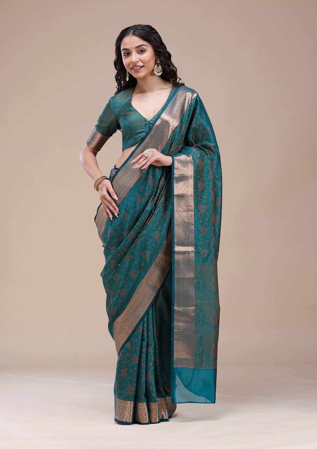 Bottle Green Zariwork (Gold) Banarasi Silk Saree-koskii