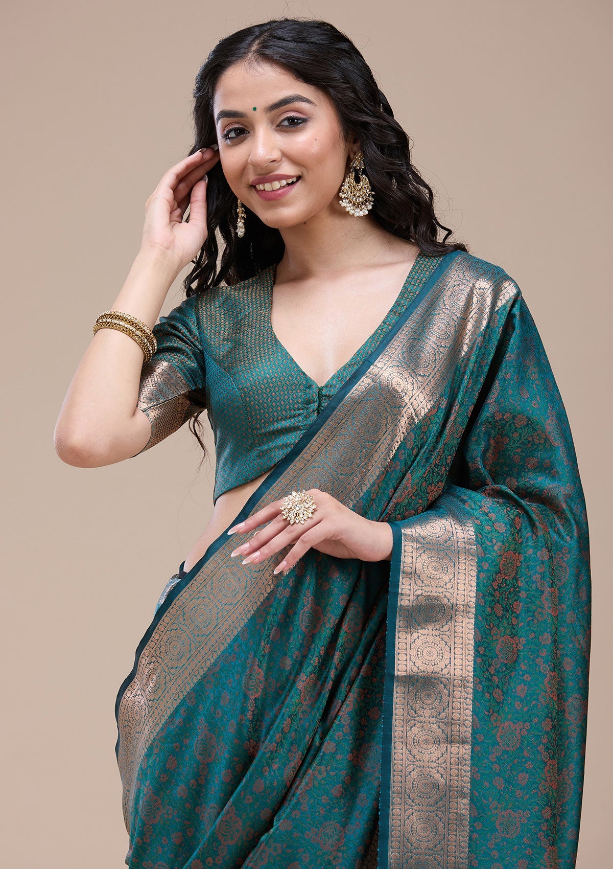 Bottle Green Zariwork (Gold) Banarasi Silk Saree-koskii