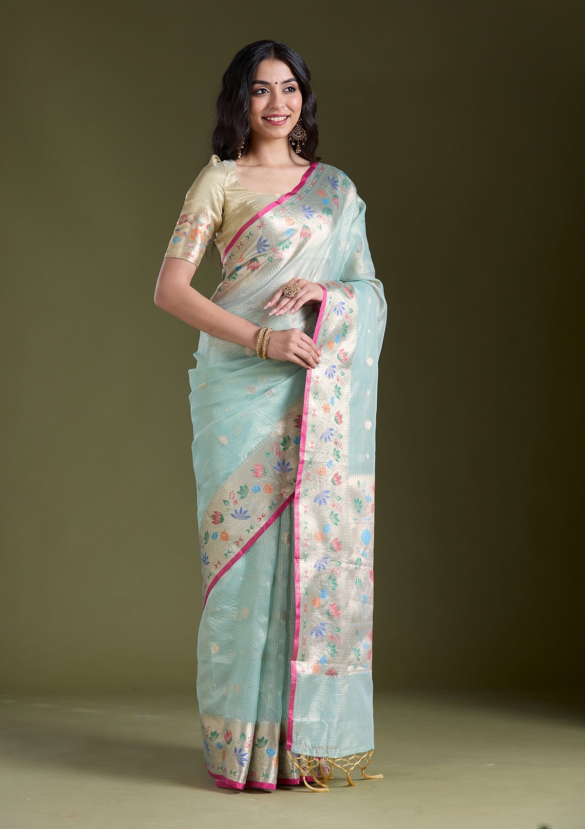 Sea Green  Zariwork (Gold) Banarasi Silk Saree-koskii