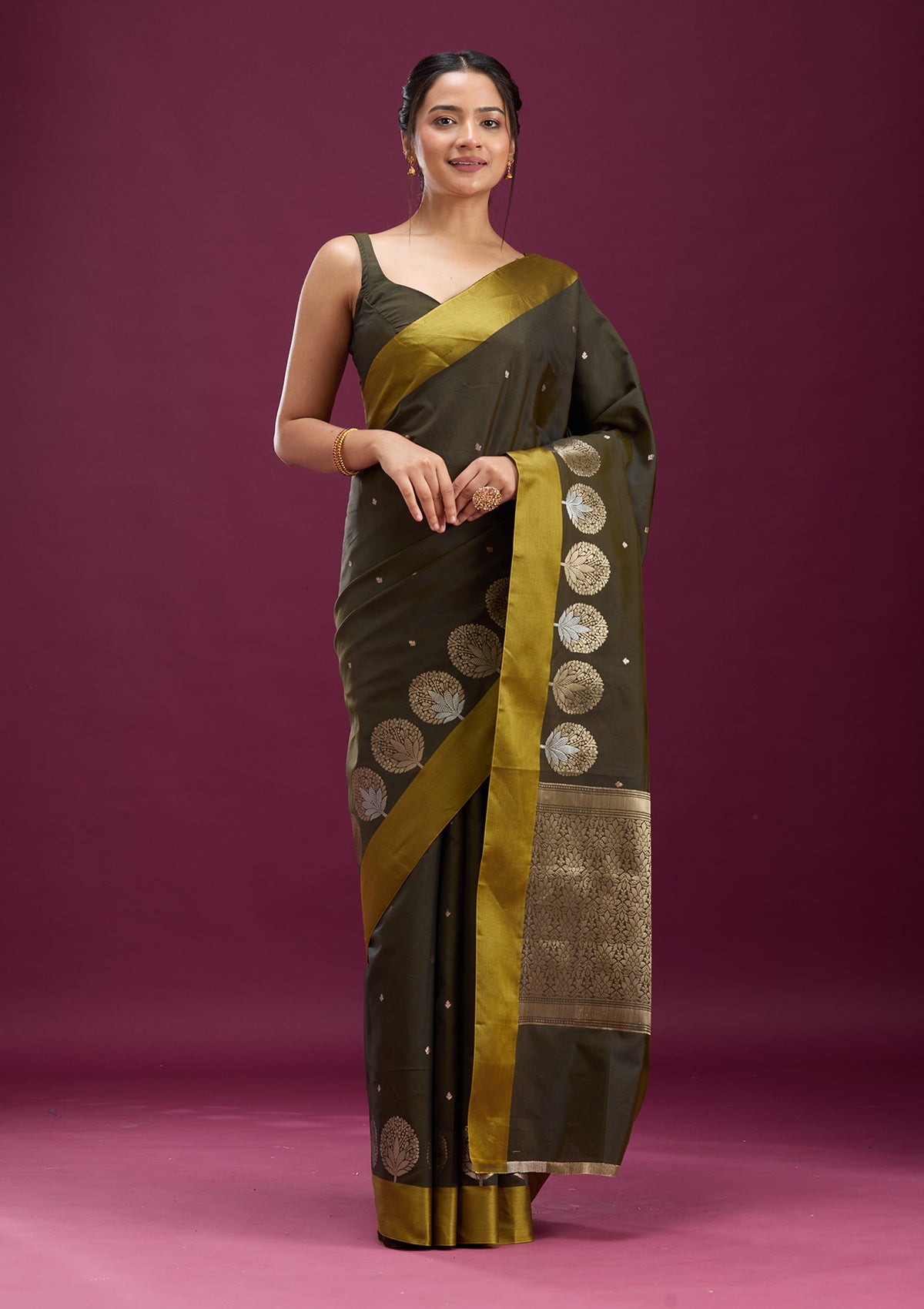 Mehendi Zariwork (Gold) Silk Saree-Koskii
