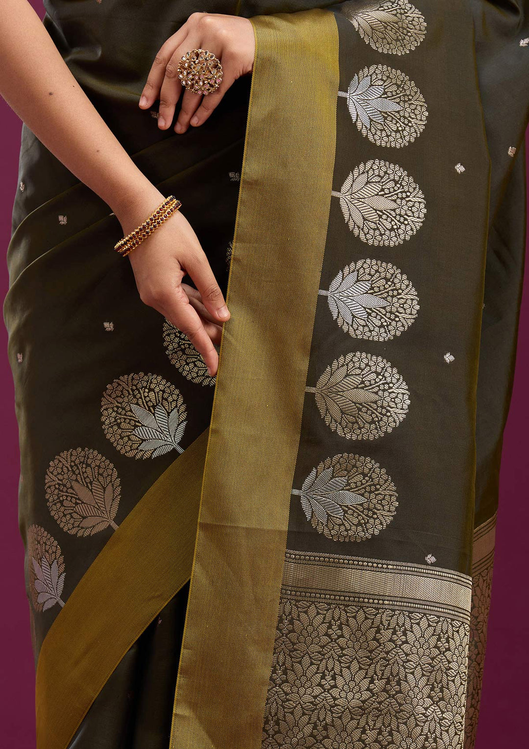 Mehendi Zariwork (Gold) Silk Saree-Koskii
