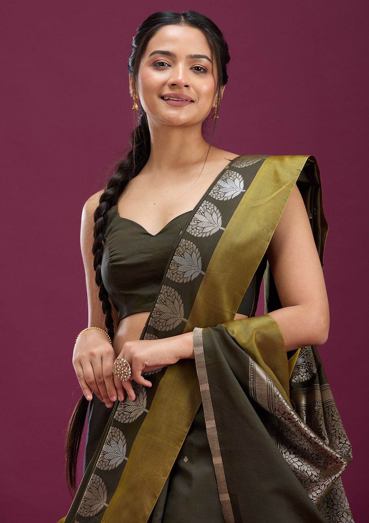 Mehendi Zariwork (Gold) Silk Saree-Koskii