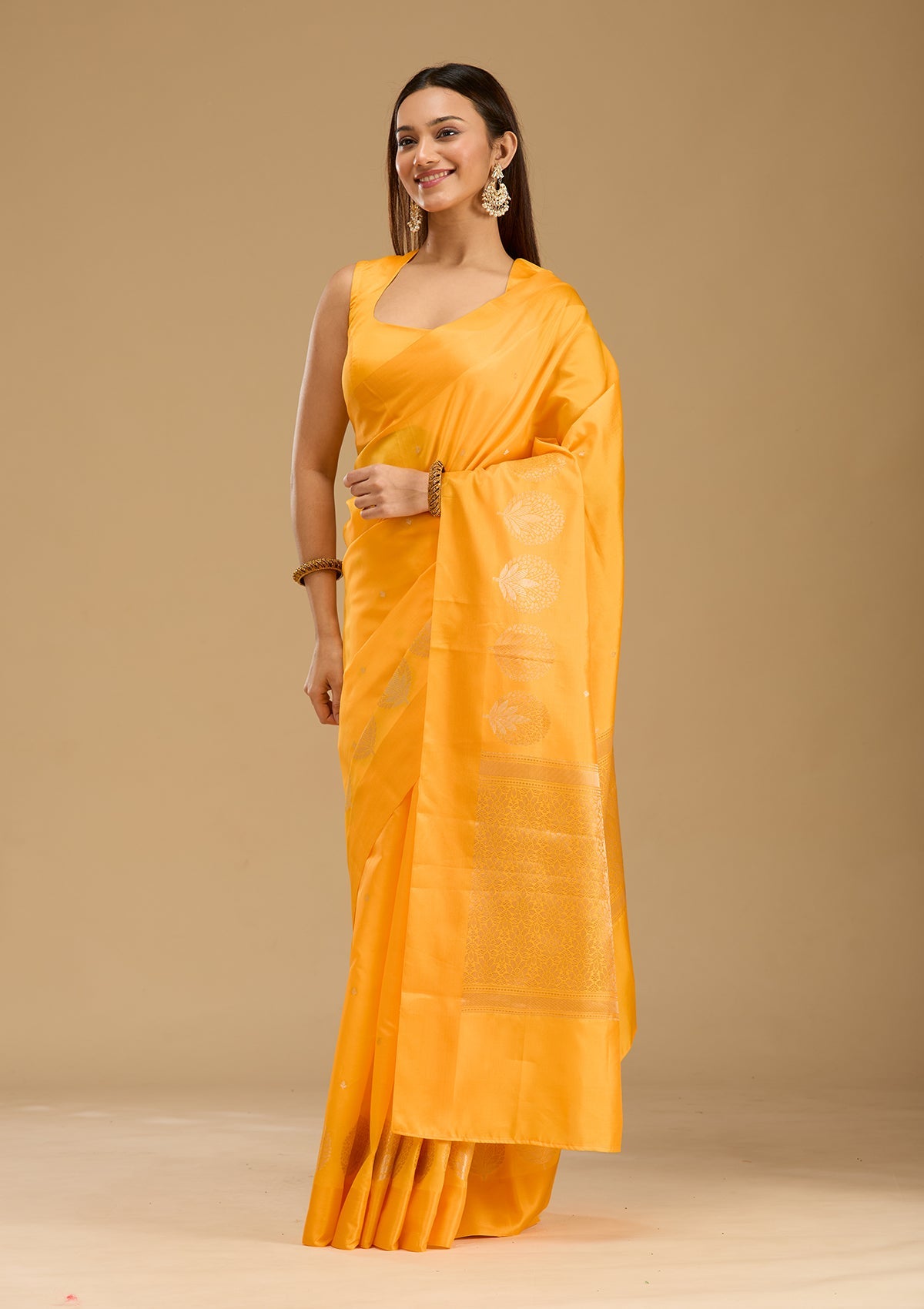 Mustard Zariwork (Gold) Silk Saree-Koskii