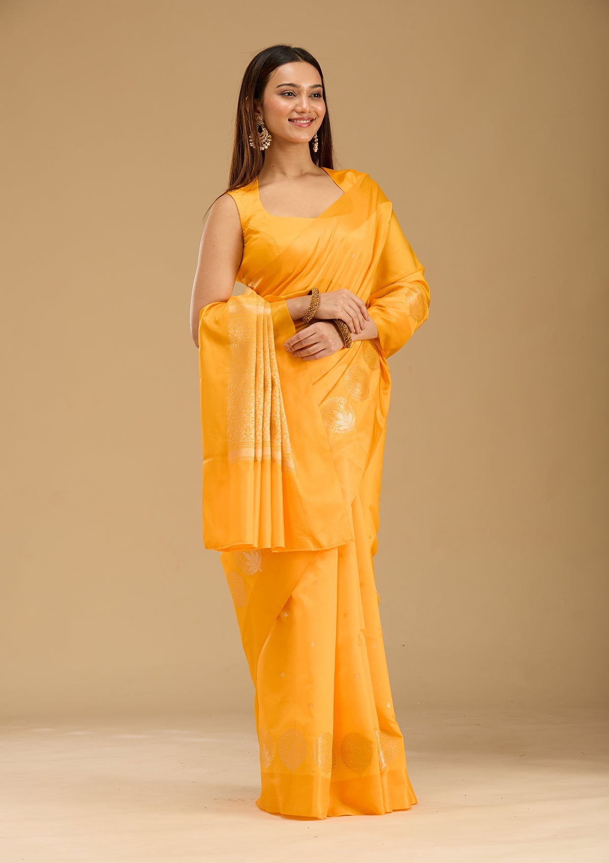 Mustard Zariwork (Gold) Silk Saree-Koskii