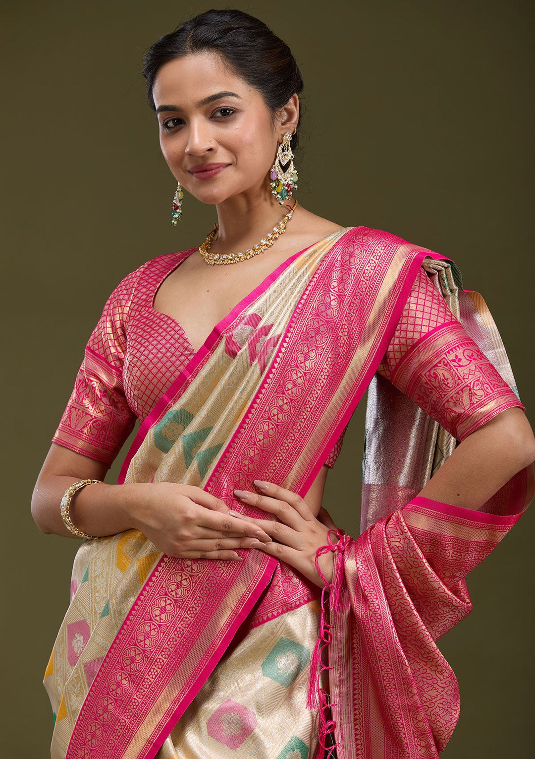 Magenta Pink Zariwork (Gold) Silk Silk_Saree-koskii