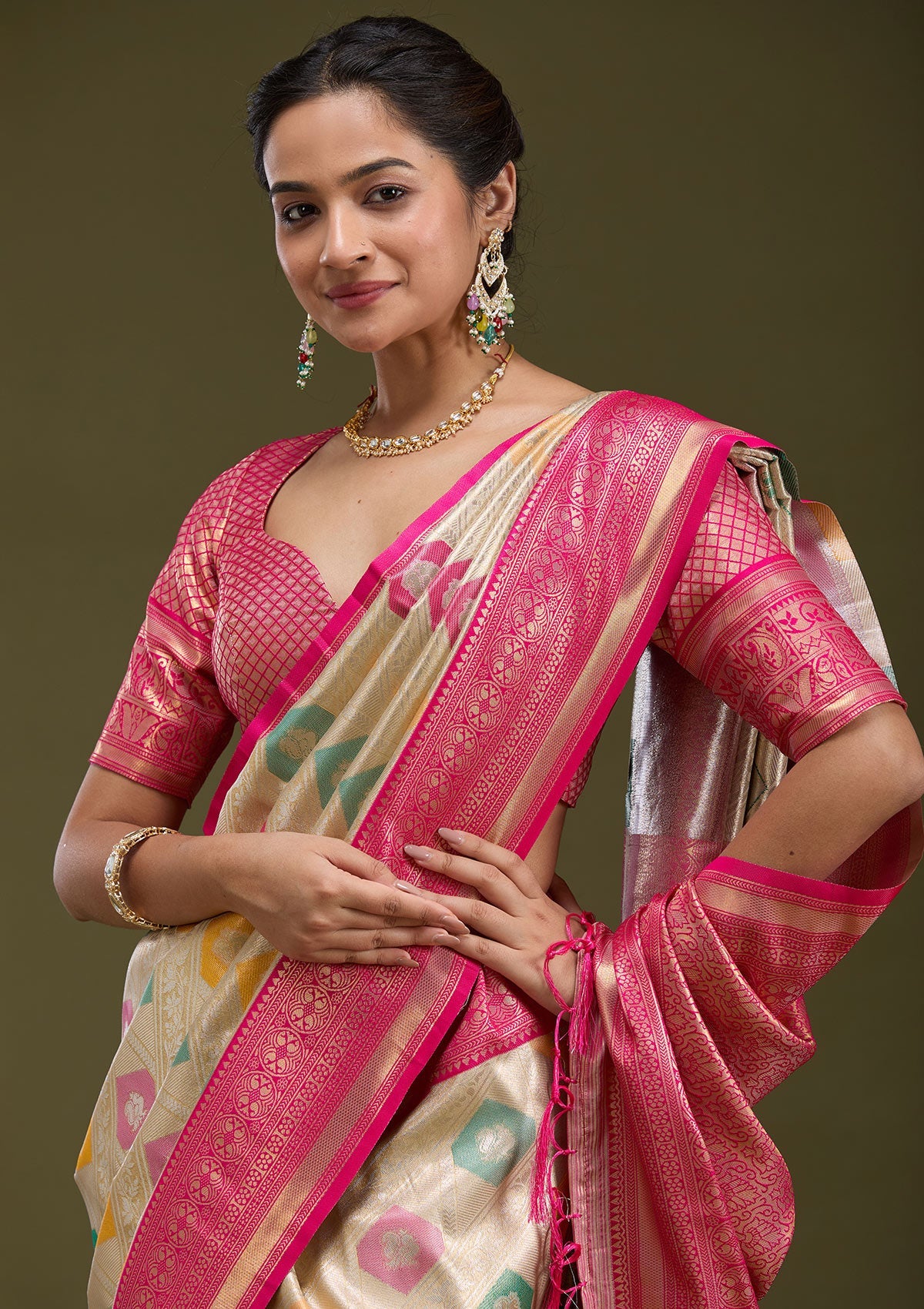 Magenta Pink Zariwork (Gold) Silk Silk_Saree-koskii