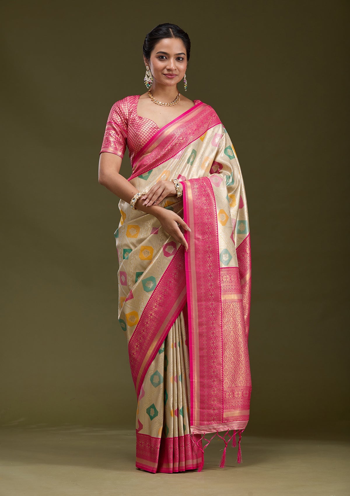 Magenta Pink Zariwork (Gold) Silk Silk_Saree-koskii