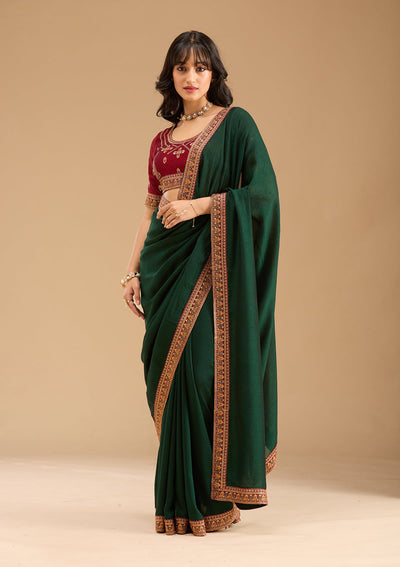 Bottle Green Zariwork (Gold) Soft Raw Silk Saree-Koskii