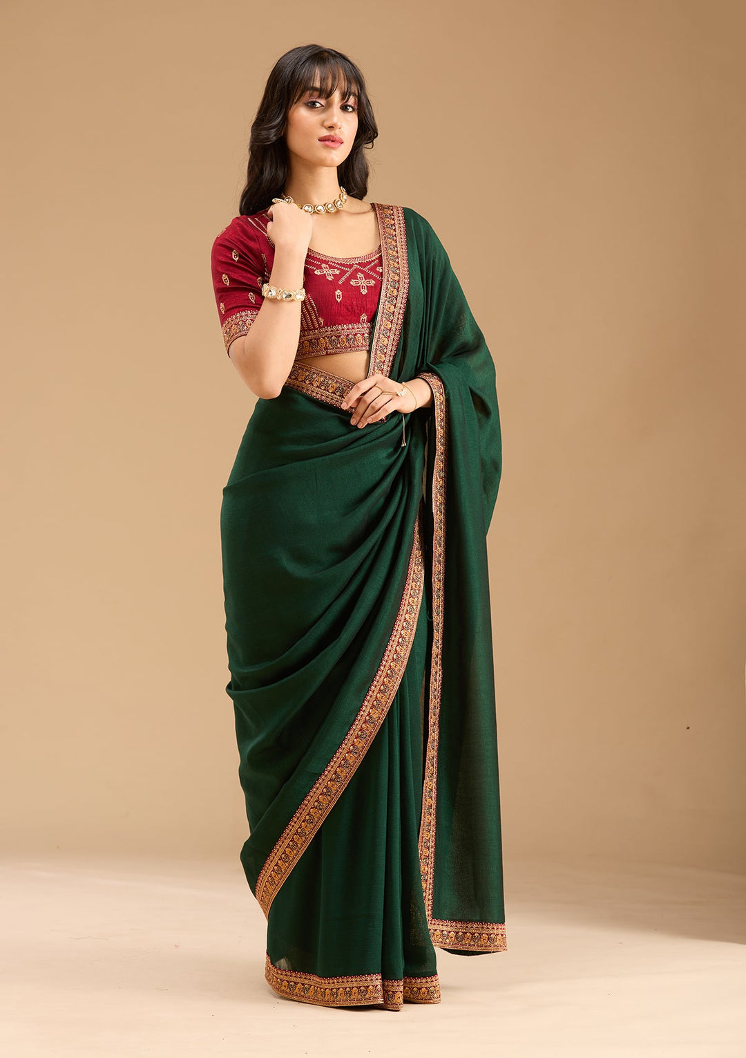 Bottle Green Zariwork (Gold) Soft Raw Silk Saree-Koskii