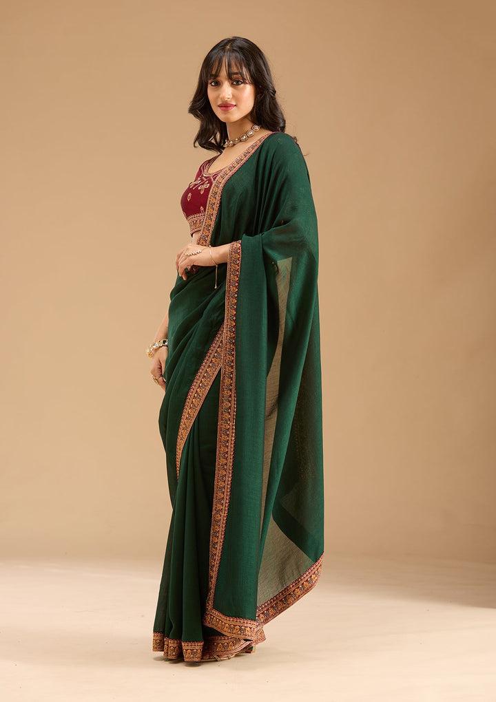 Bottle Green Zariwork (Gold) Soft Raw Silk Saree-Koskii