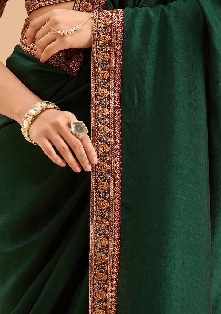Bottle Green Zariwork (Gold) Soft Raw Silk Saree-Koskii