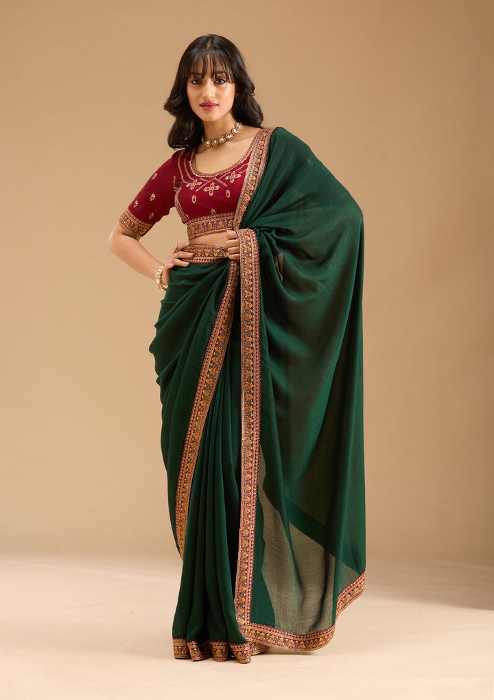 Bottle Green Zariwork (Gold) Soft Raw Silk Saree-Koskii