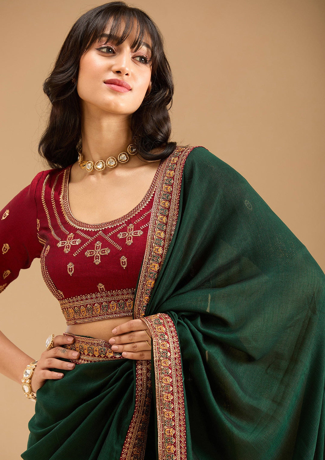 Bottle Green Zariwork (Gold) Soft Raw Silk Saree-Koskii