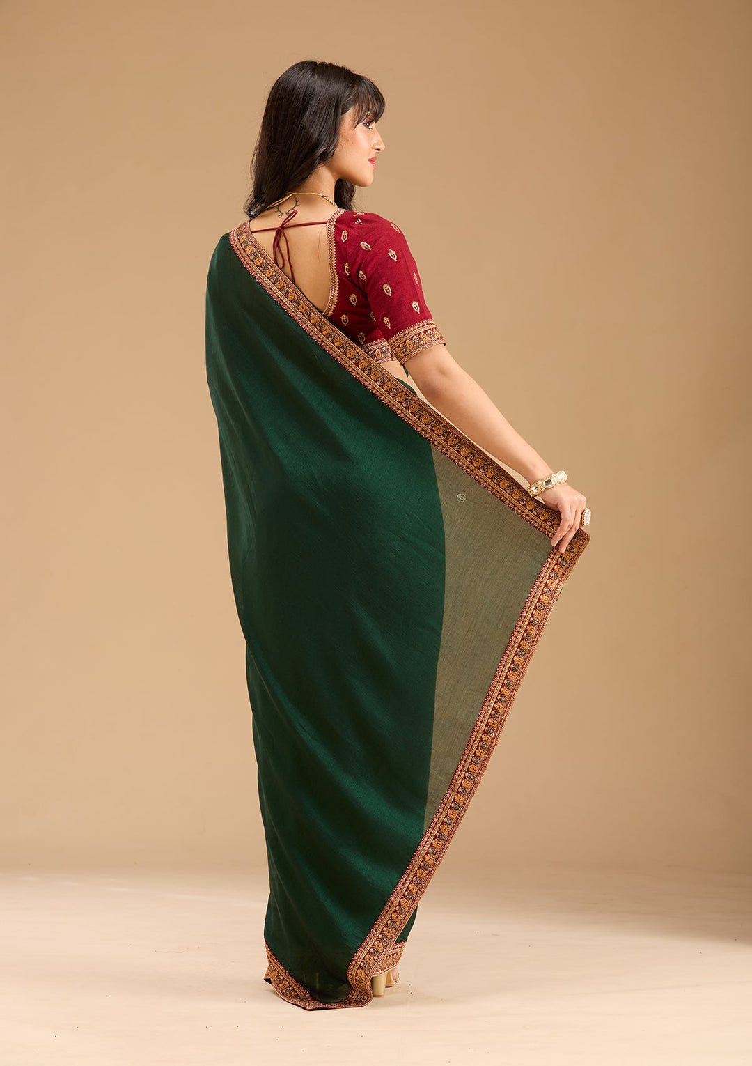 Bottle Green Zariwork (Gold) Soft Raw Silk Saree-Koskii