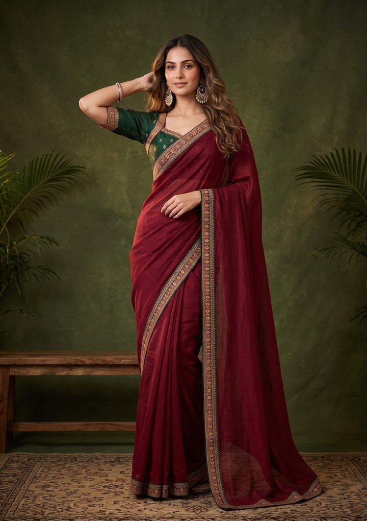 Maroon Zariwork (Gold) Soft Raw Silk Saree With Matching Blouse Piece