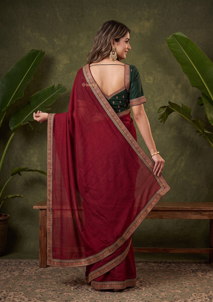 Maroon Zariwork (Gold) Soft Raw Silk Saree With Matching Blouse Piece