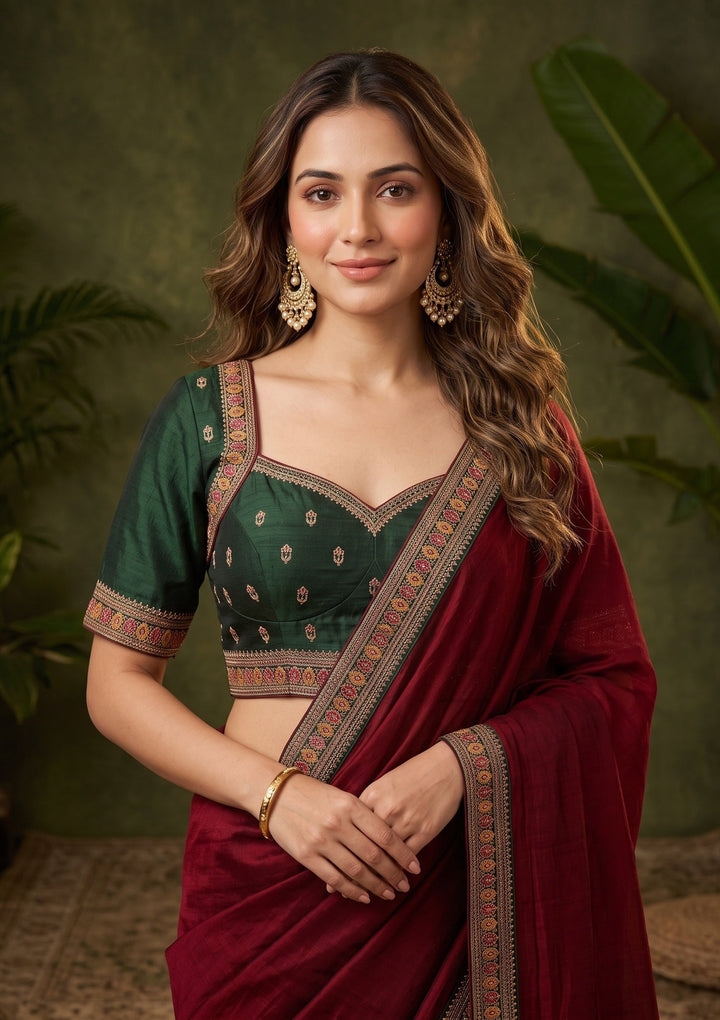 Maroon Zariwork (Gold) Soft Raw Silk Saree With Matching Blouse Piece