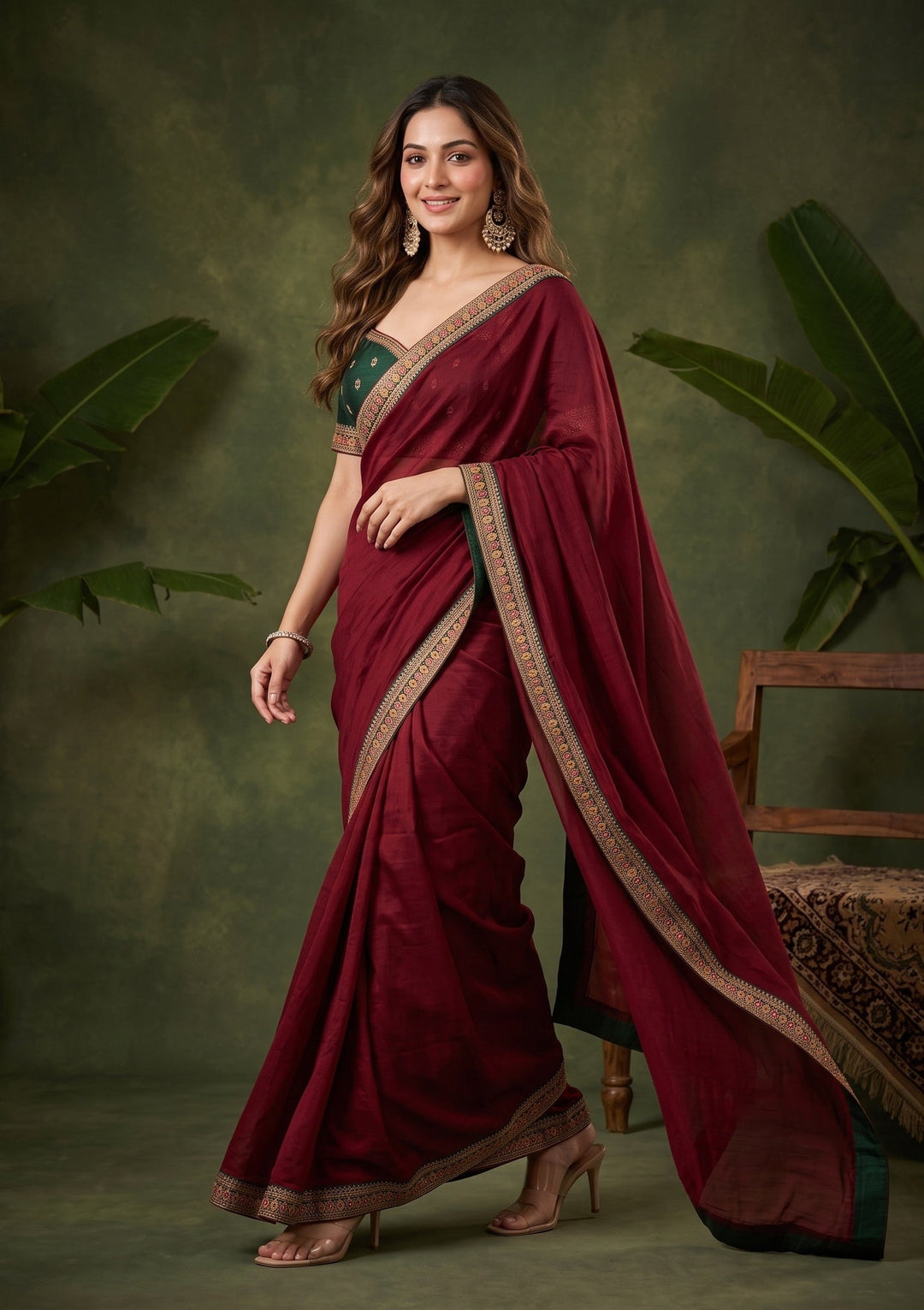 Maroon Zariwork (Gold) Soft Raw Silk Saree With Matching Blouse Piece