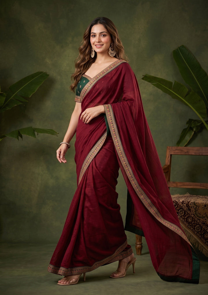 Maroon Zariwork (Gold) Soft Raw Silk Saree With Matching Blouse Piece