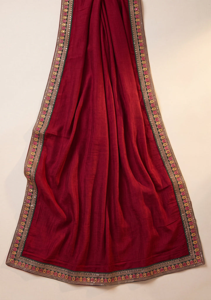 Maroon Zariwork (Gold) Soft Raw Silk Saree With Matching Blouse Piece