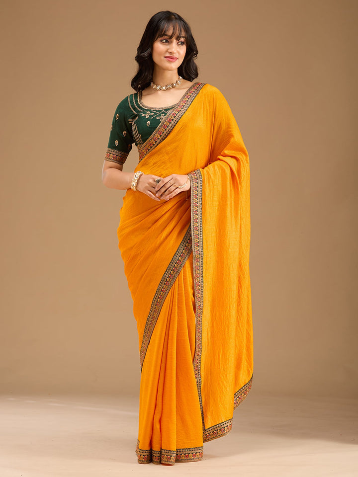 Mustard Zariwork (Gold) Soft Raw Silk Saree-Koskii