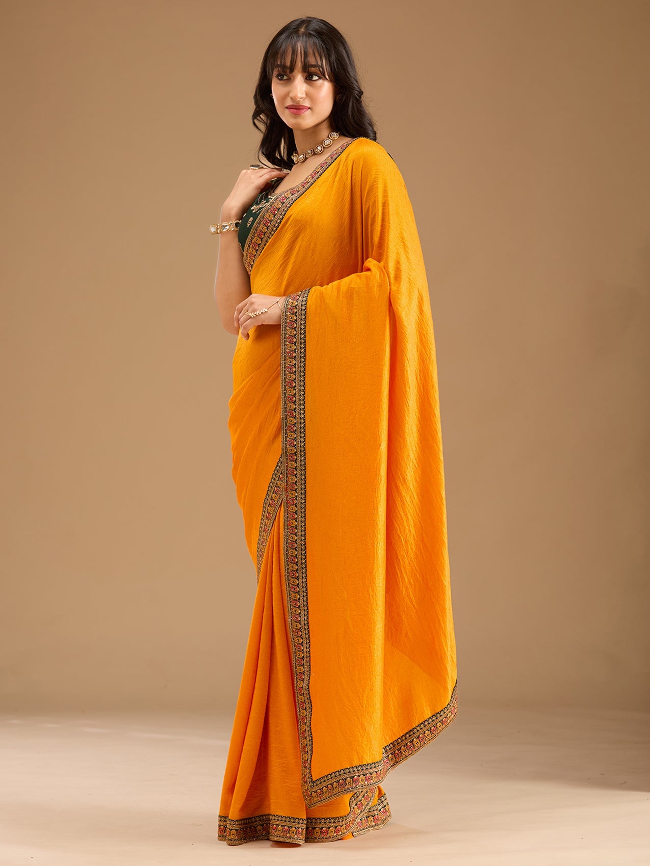 Mustard Zariwork (Gold) Soft Raw Silk Saree-Koskii