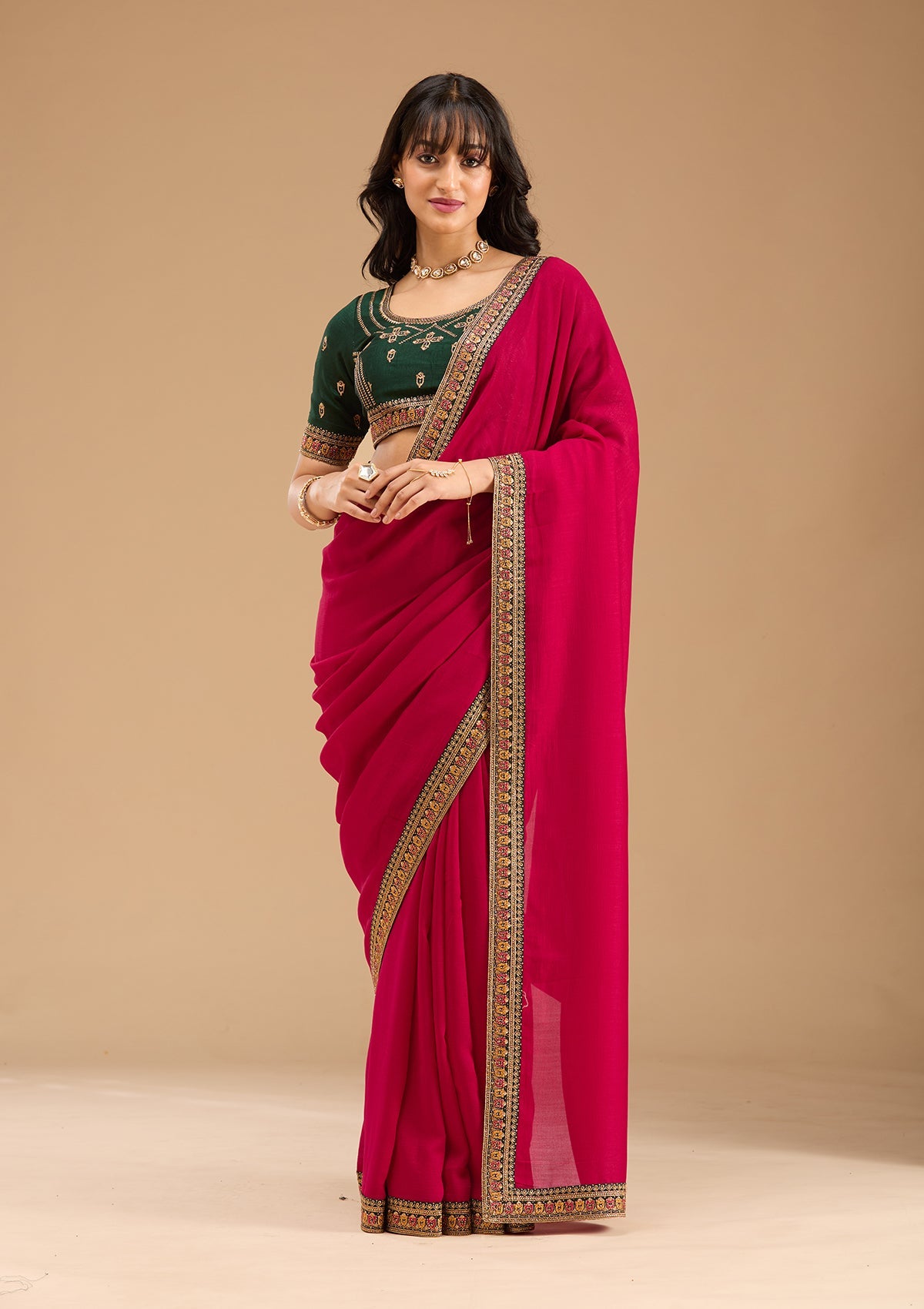 Rani Pink Zariwork (Gold) Soft Raw Silk Saree-Koskii