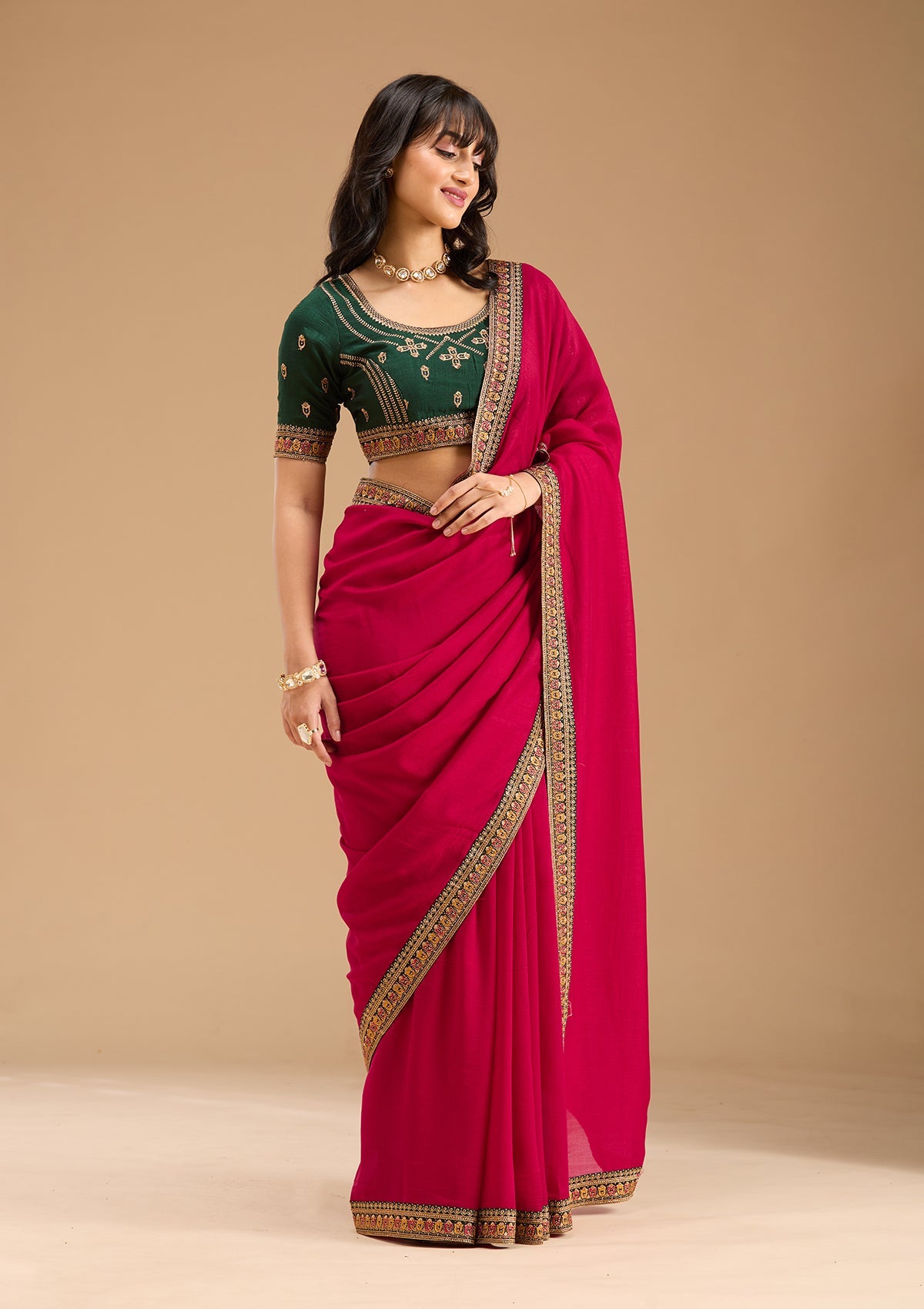 Rani Pink Zariwork (Gold) Soft Raw Silk Saree-Koskii
