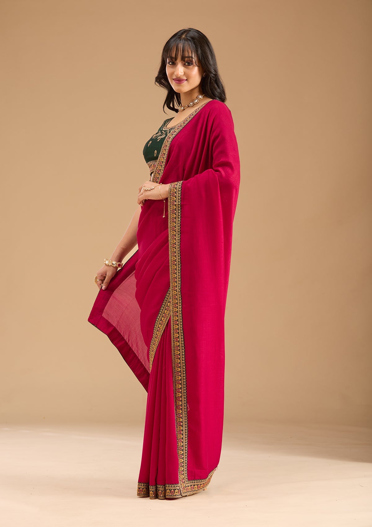 Rani Pink Zariwork (Gold) Soft Raw Silk Saree-Koskii