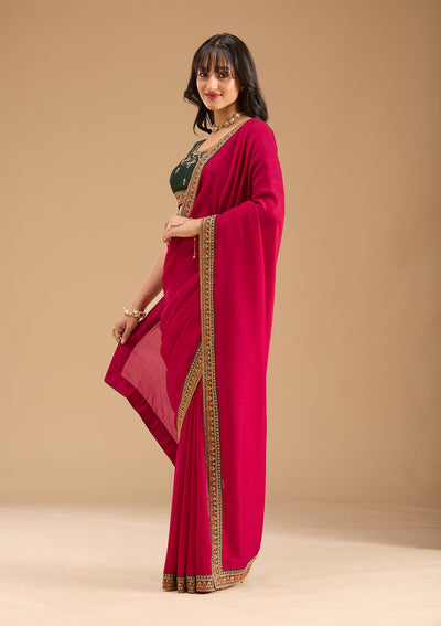 Rani Pink Zariwork (Gold) Soft Raw Silk Saree-Koskii
