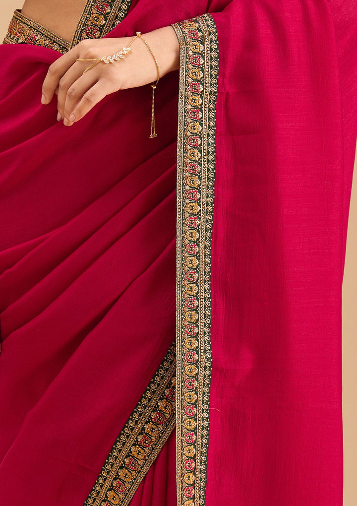 Rani Pink Zariwork (Gold) Soft Raw Silk Saree-Koskii