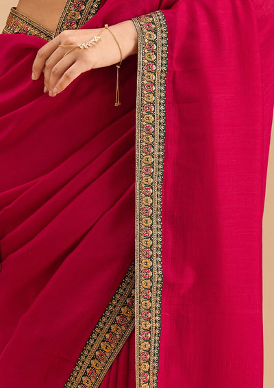 Rani Pink Zariwork (Gold) Soft Raw Silk Saree-Koskii