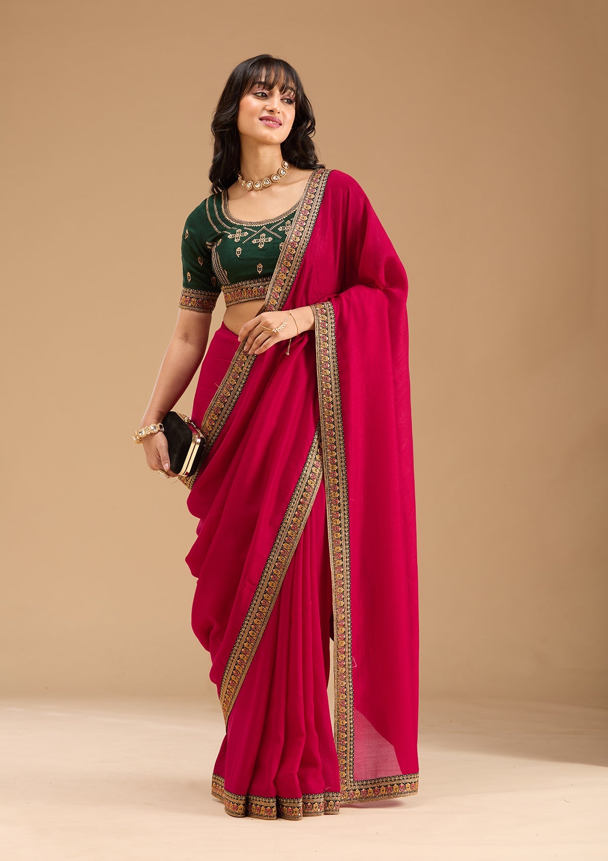 Rani Pink Zariwork (Gold) Soft Raw Silk Saree-Koskii