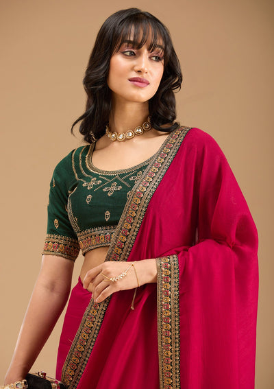 Rani Pink Zariwork (Gold) Soft Raw Silk Saree-Koskii