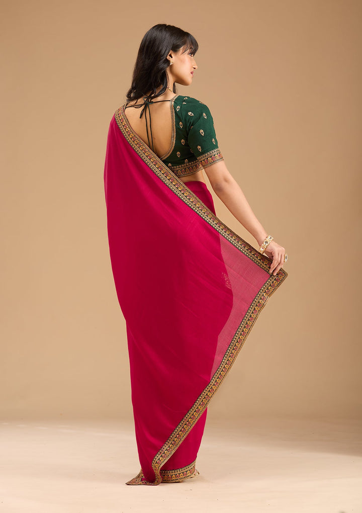 Rani Pink Zariwork (Gold) Soft Raw Silk Saree-Koskii