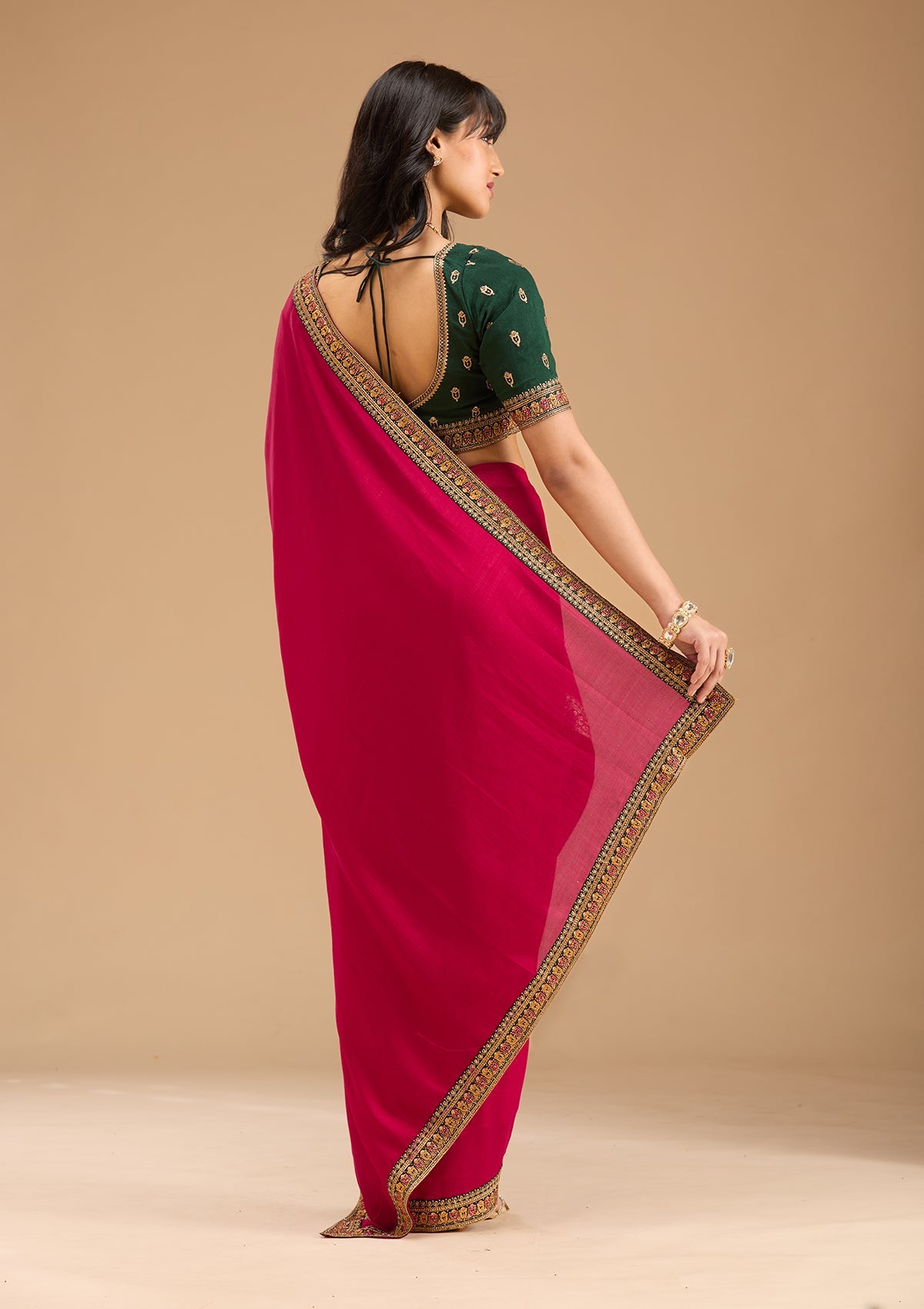 Rani Pink Zariwork (Gold) Soft Raw Silk Saree-Koskii