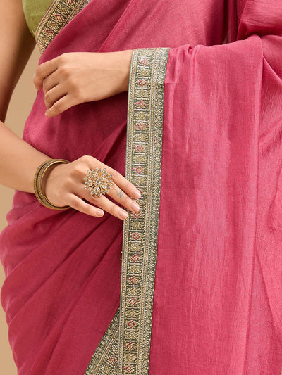 Onion Pink Zariwork (Gold) Soft Raw Silk Saree-Koskii