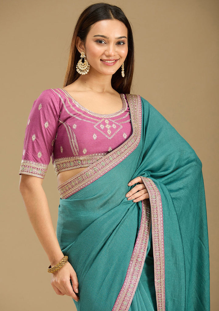 Sea Green Zariwork (Gold) Soft Raw Silk Saree-Koskii