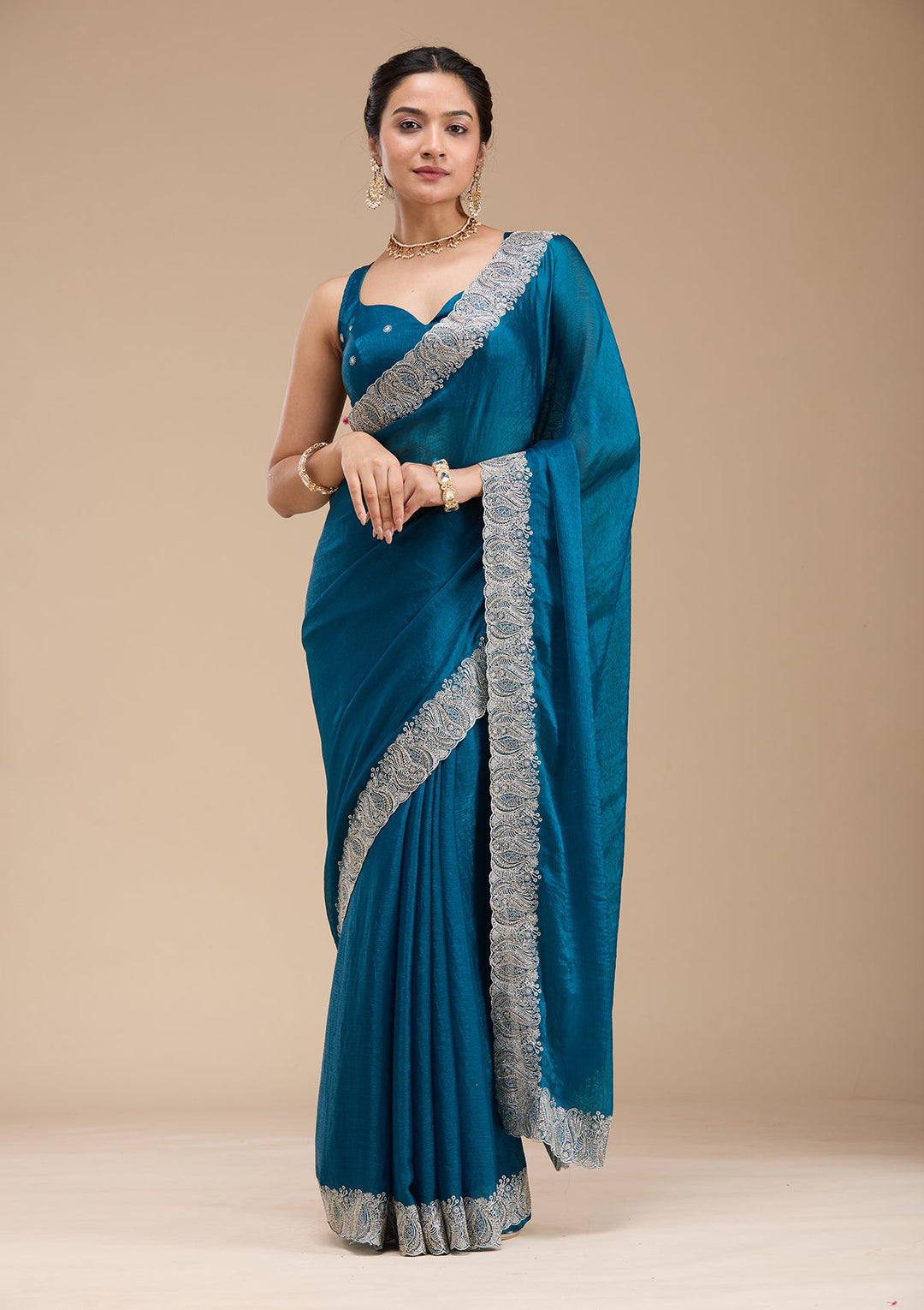 Peacock Blue Zariwork Silk Saree-koskii