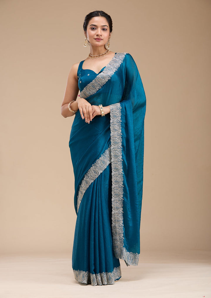 Peacock Blue Zariwork Silk Saree-koskii