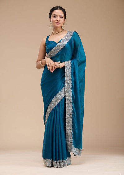 Peacock Blue Zariwork Silk Saree-koskii