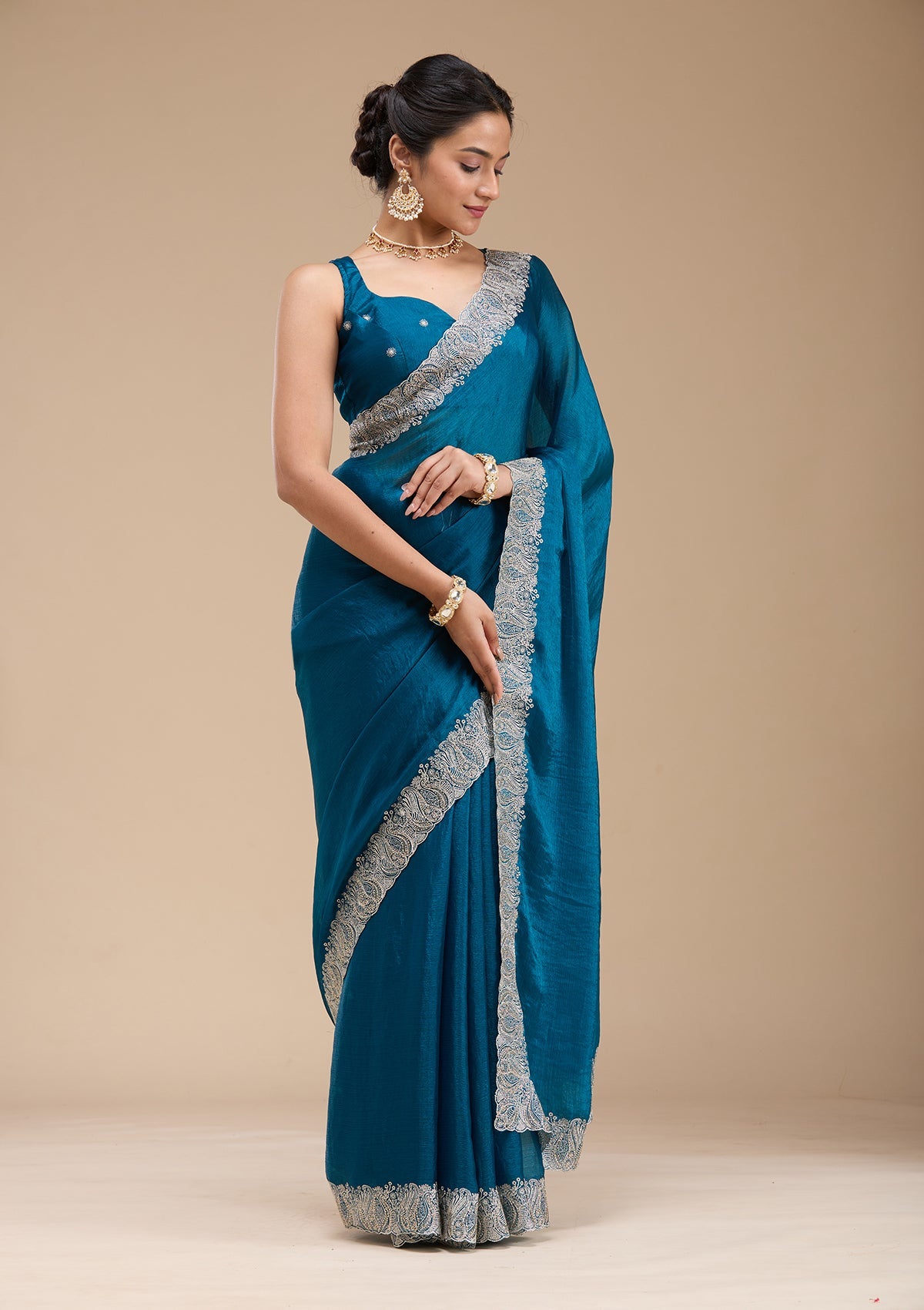 Peacock Blue Zariwork Silk Saree-koskii