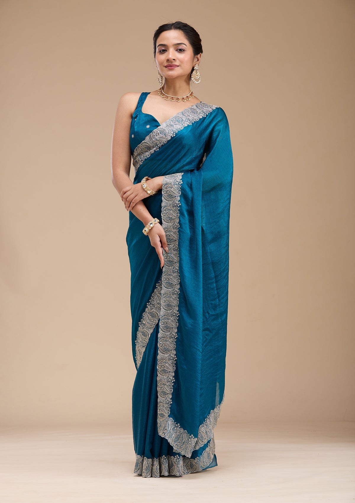 Peacock Blue Zariwork Silk Saree-koskii