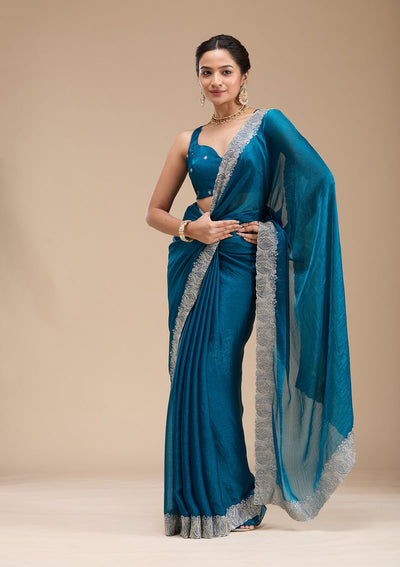 Peacock Blue Zariwork Silk Saree-koskii