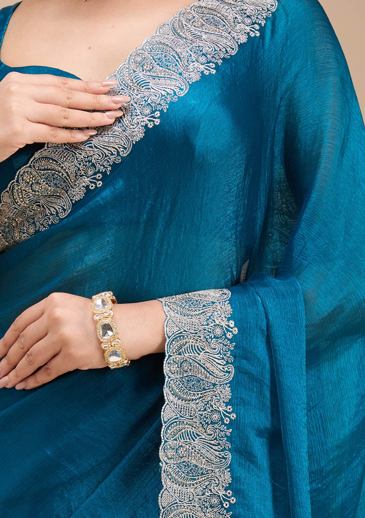 Peacock Blue Zariwork Silk Saree-koskii