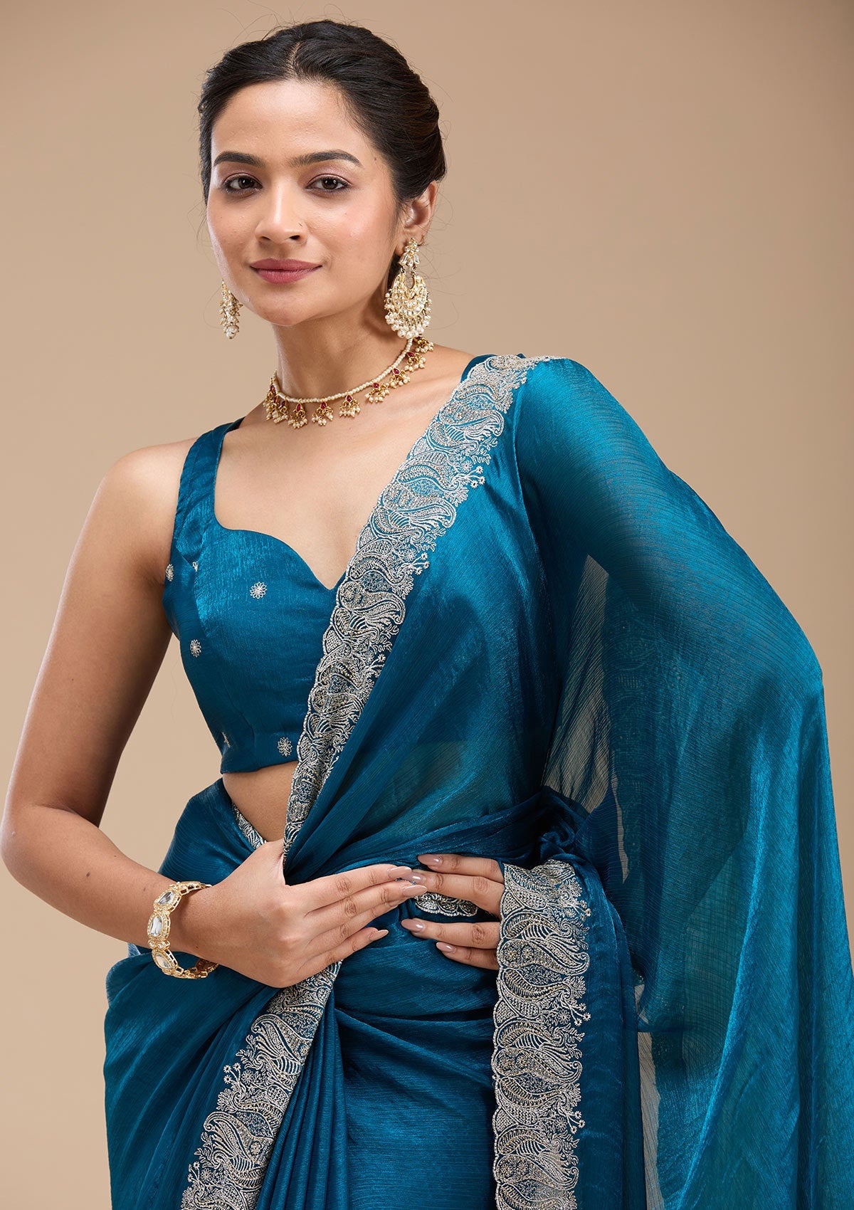 Peacock Blue Zariwork Silk Saree-koskii